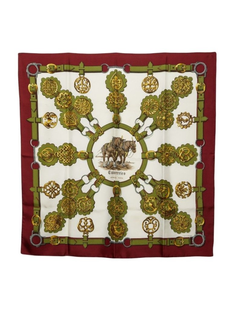 Hermes Carre 90 Cuivreries Copperwork Scarf Green White Bordeaux Silk